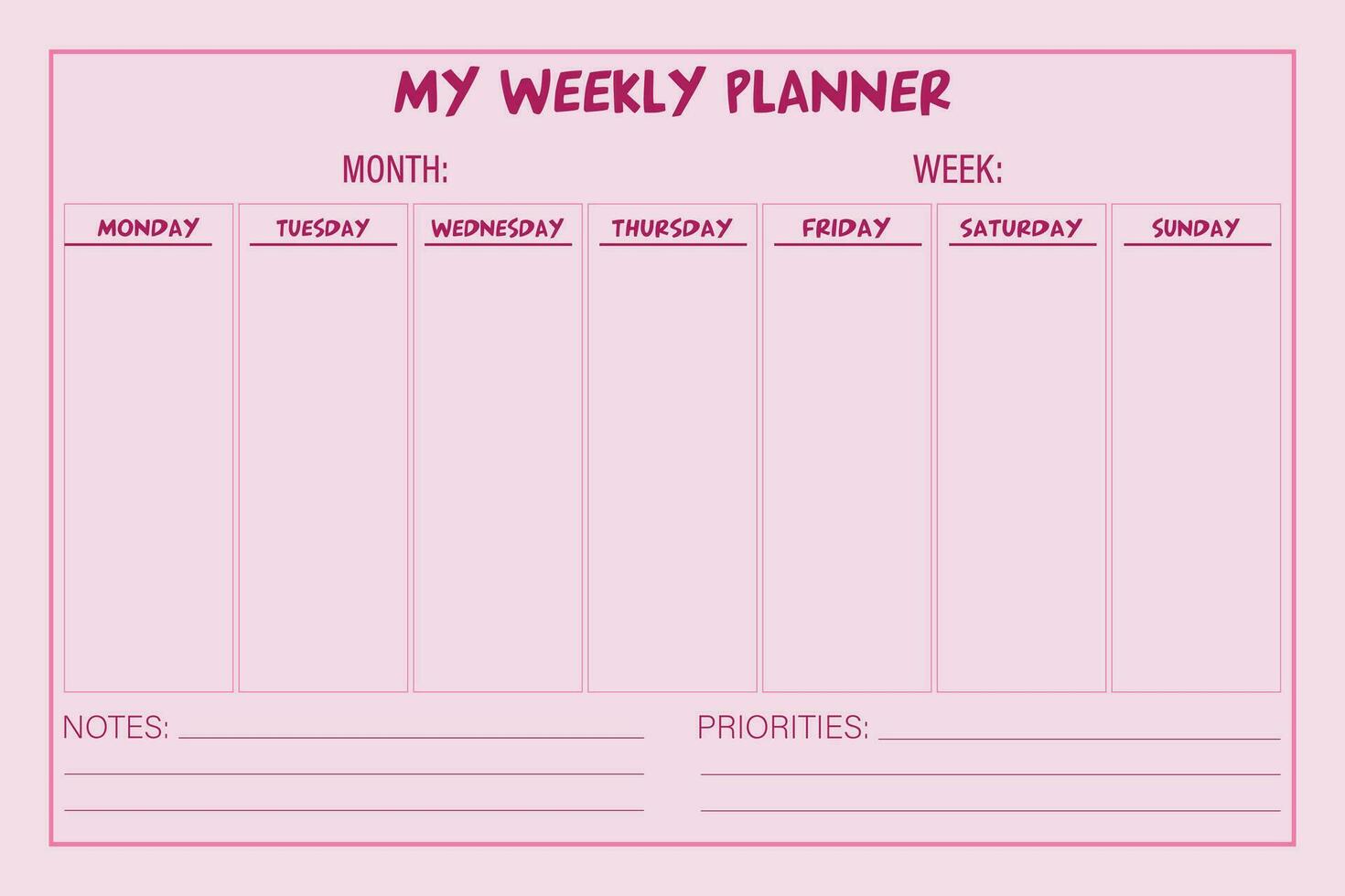 My Weekly Planner Notebook KDP Interior Vector Template.