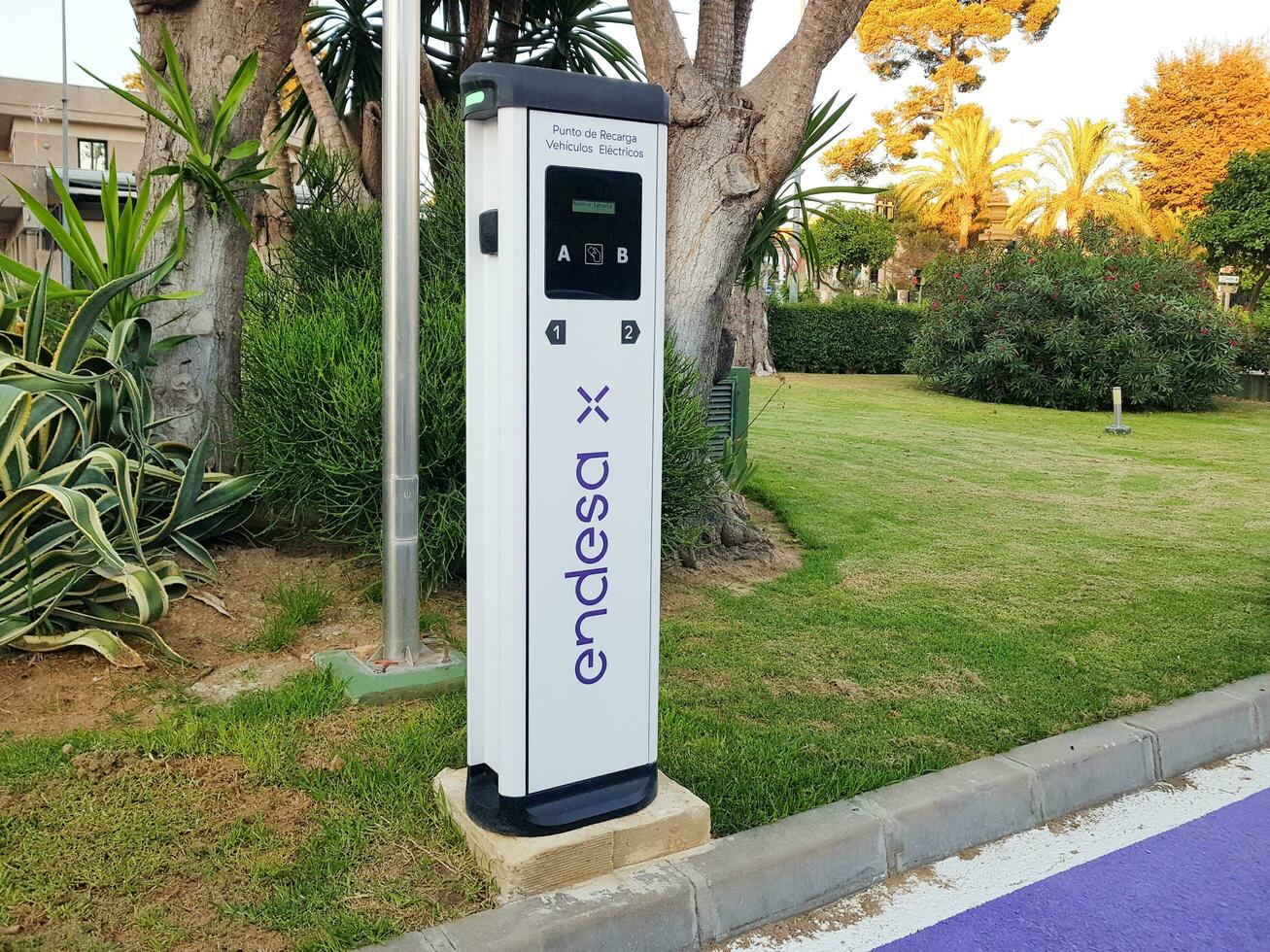 Jerez de la Frontera, Andalusia, Spain. 7 July 2021. Charging point for electric vehicles of the Endesa company located on the street. photo