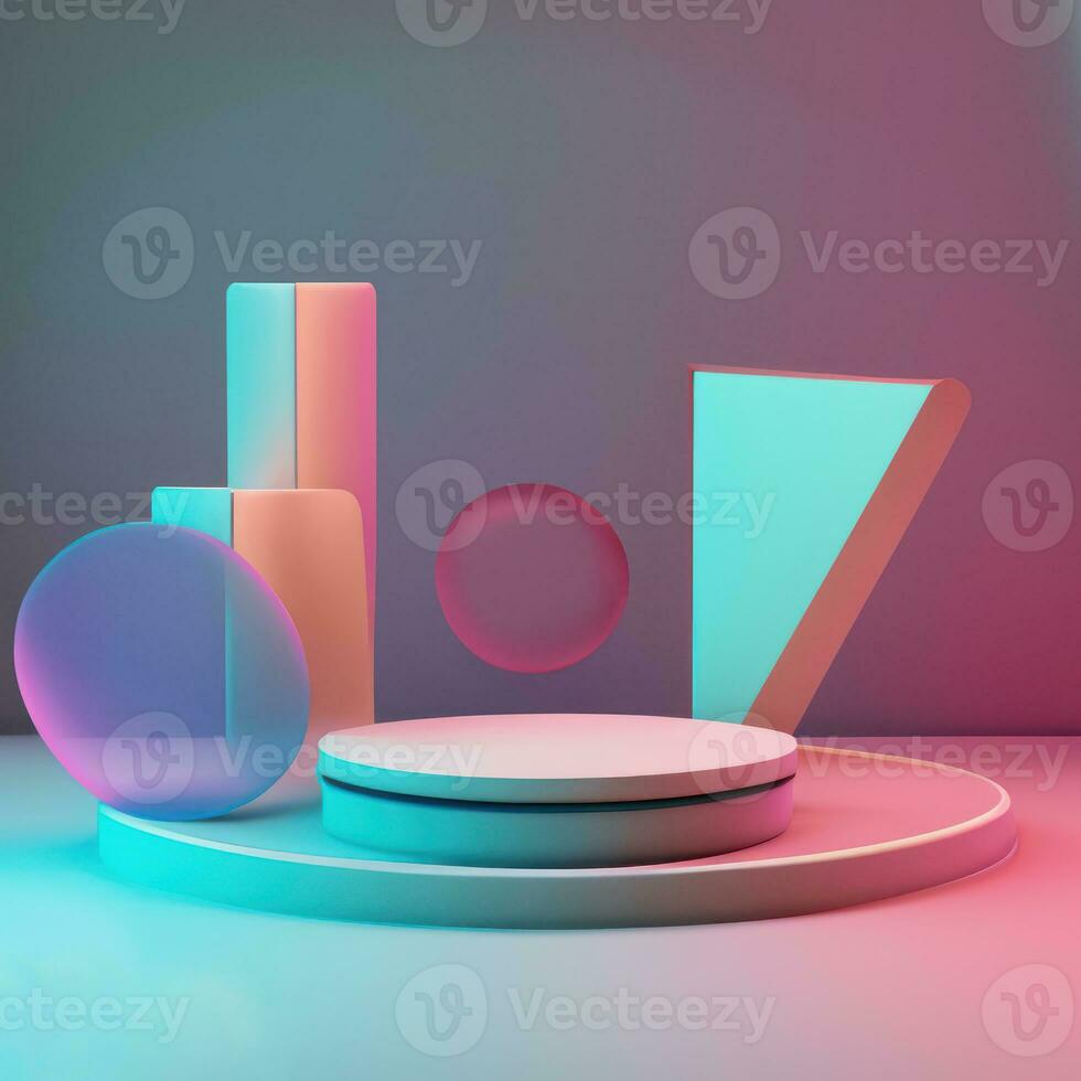 geometric 3d render of modern minimal showcase with empty podium and abstract pastel colored photo