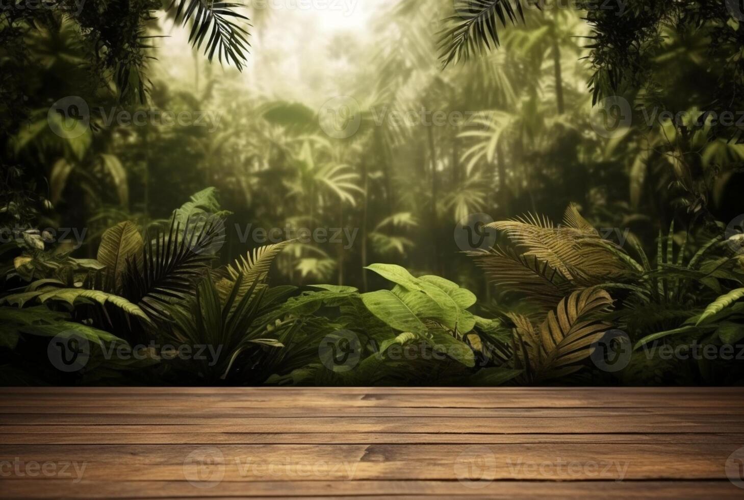 Empty of wood table top on beautiful tropical leaf from garden backgrounds. photo