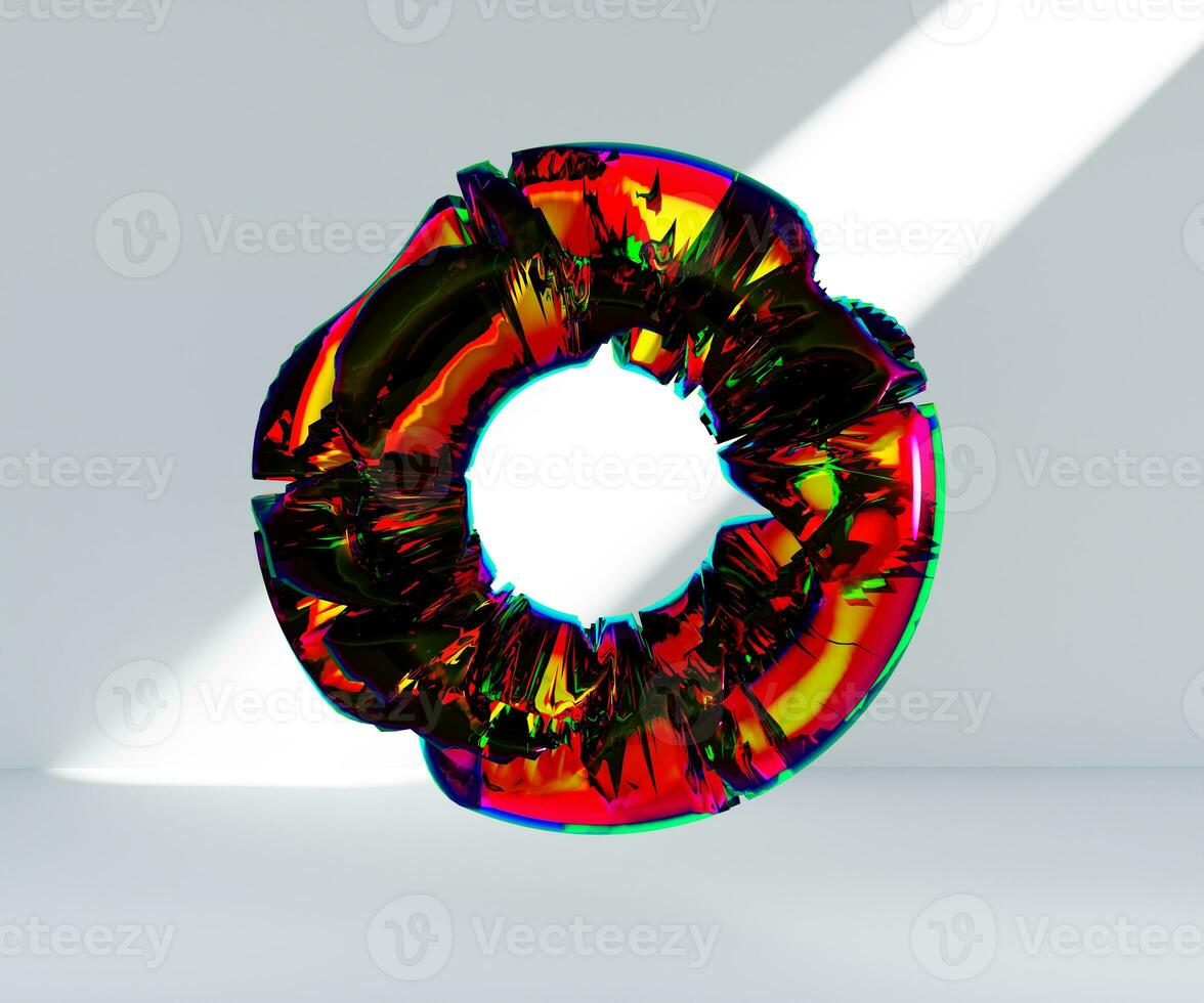 3d render, abstract geometric torus shape, cracked surface with hole. Split object isolated on white background. Minimal design. photo