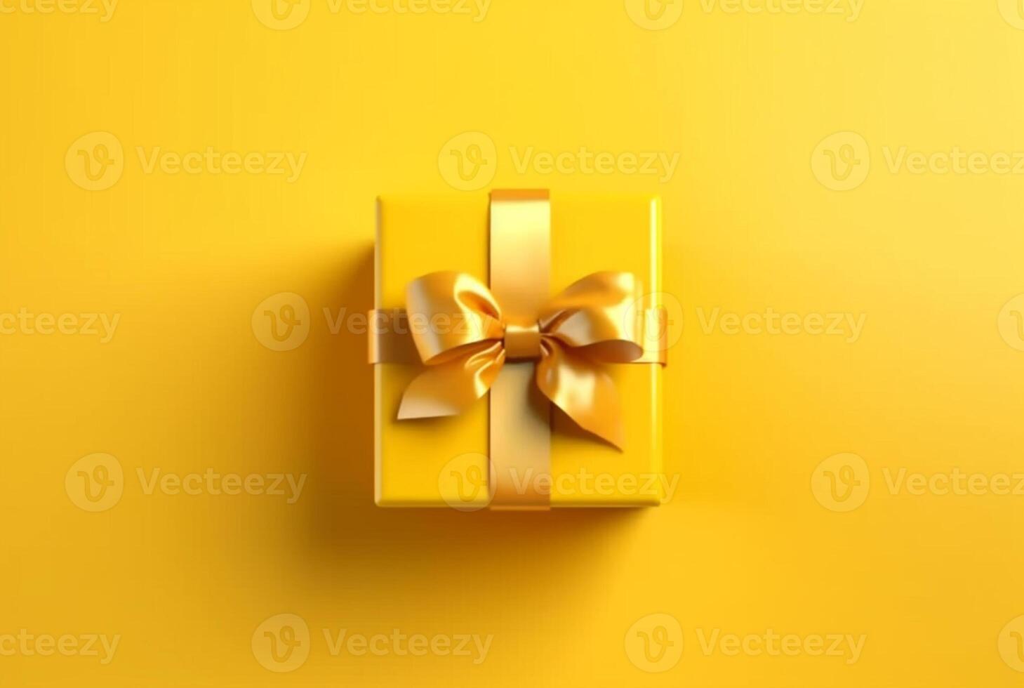 Gift box with golden satin ribbon and bow on yellow background. Holiday gift with copy space. photo