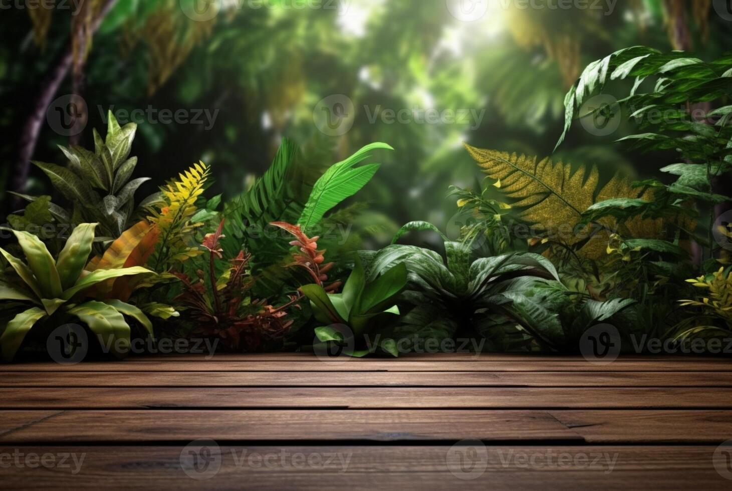 Empty of wood table top on beautiful tropical leaf from garden backgrounds. photo