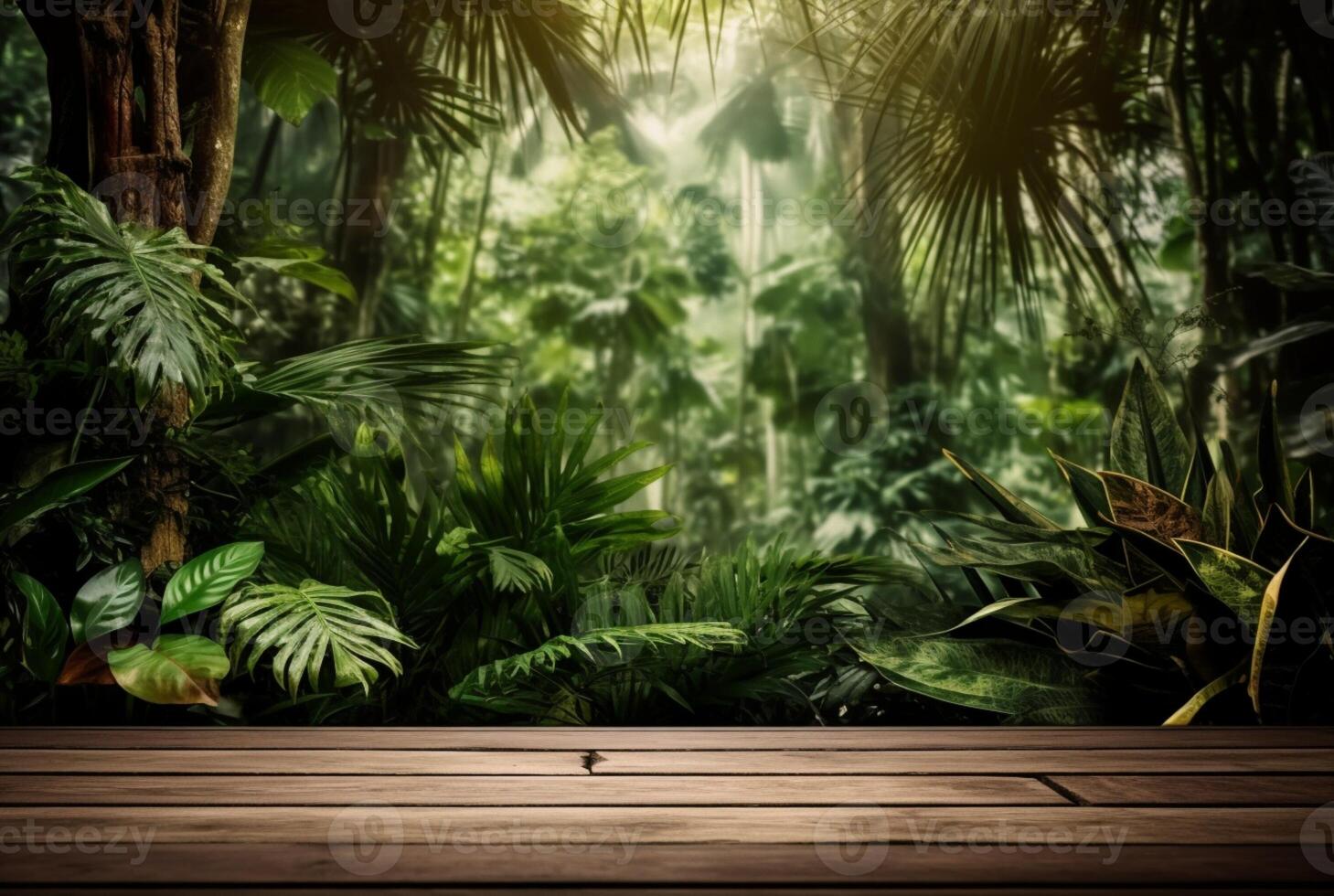 Empty of wood table top on beautiful tropical leaf from garden backgrounds. photo