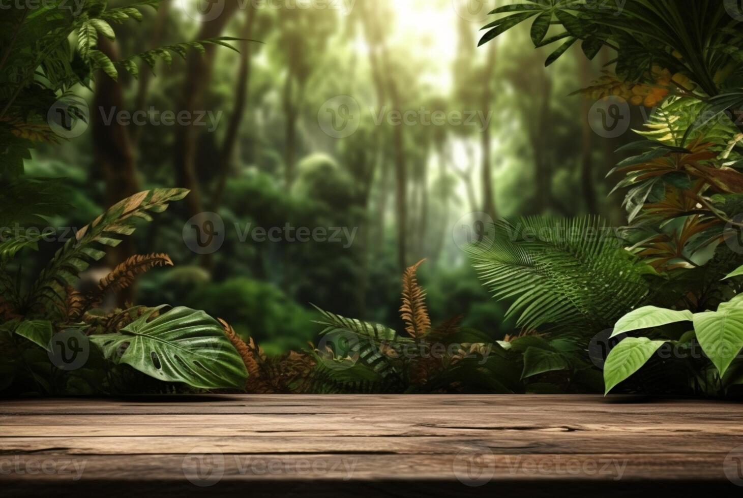 Empty of wood table top on beautiful tropical leaf from garden backgrounds. photo