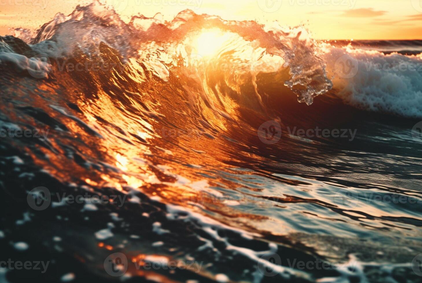 background closeup of beautiful beach waves water with sunset. generative ai photo