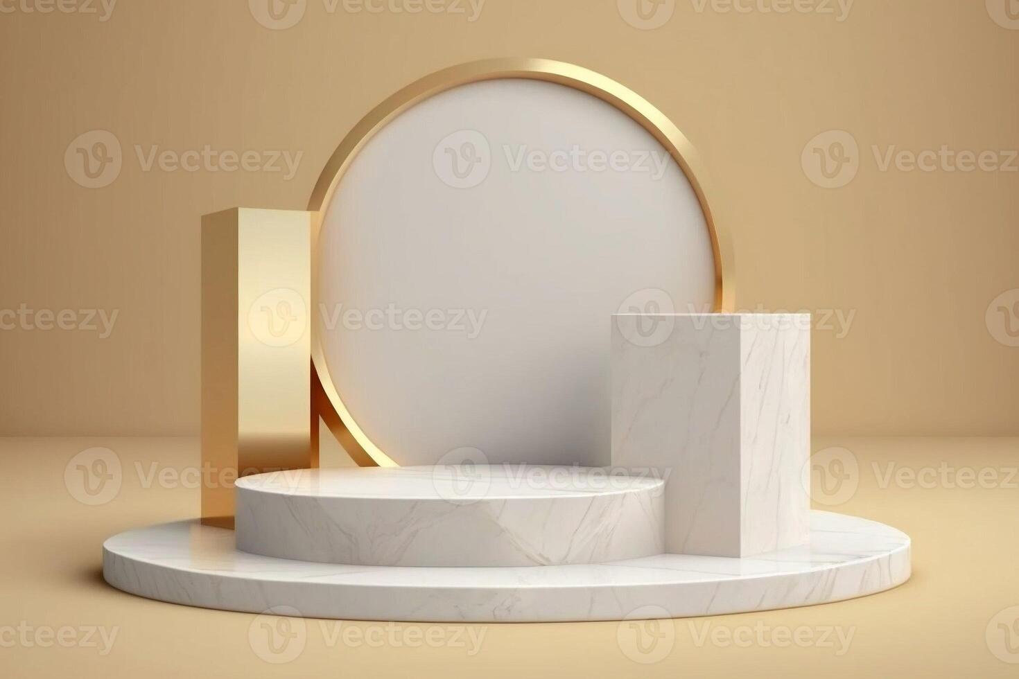 Clean white marble display podium for luxury product advertisement with a beautiful beige background. . photo