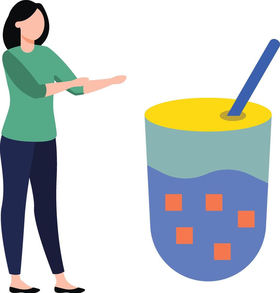 The girl is looking at the drinking glass. vector