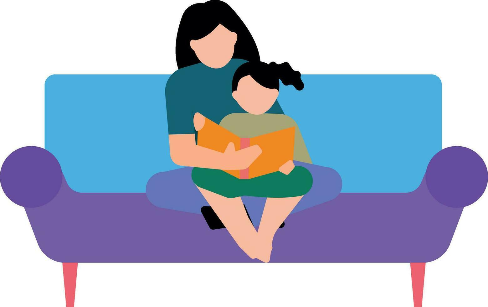 Mother and daughter reading a book sitting on the sofa. vector