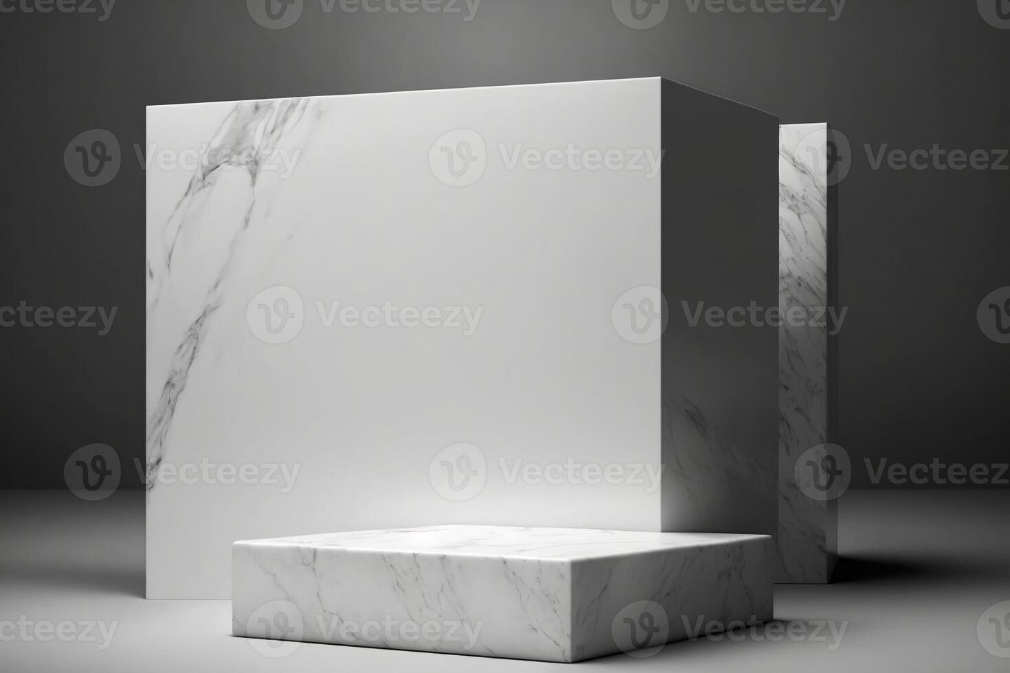 White marble podium with empty product display background. Minimal, modern, and luxurious aesthetic for cosmetic stand mockup or advertising. . photo