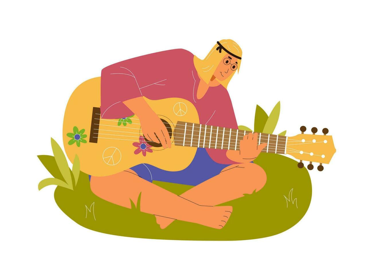 Man hippie sitting on the grass barefoot playing the guitar flat vector illustration. Man from the 70s.