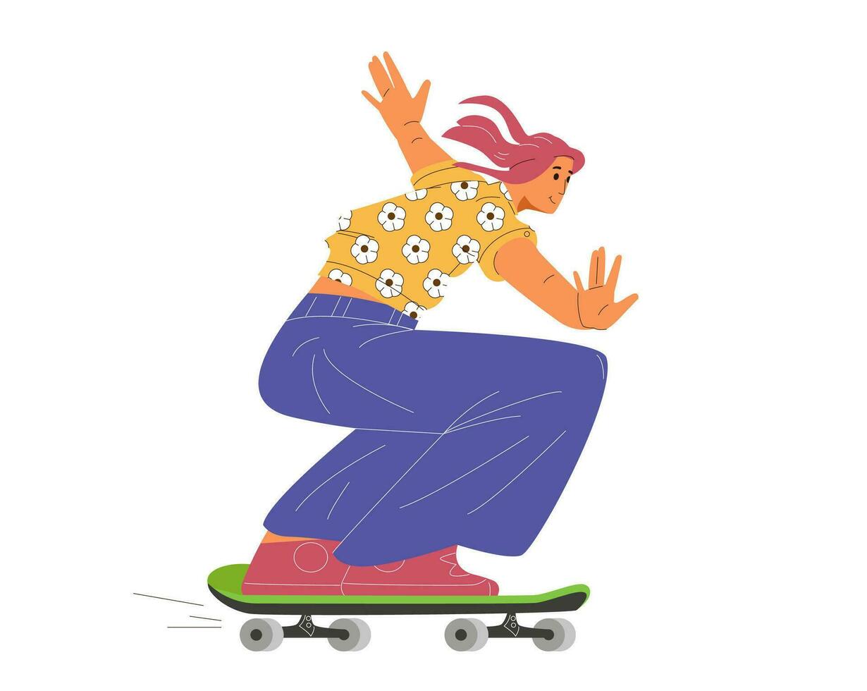 Young woman in the 70s style outfit on skateboard retro flat vector illustration. Woman from the 70s. Isolated on white.