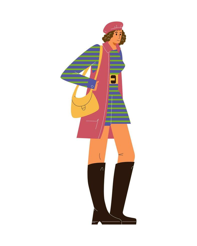 joven mujer en el Años 70 estilo atuendo en pie plano vector ilustración. personas desde el años 70 aislado en blanco.