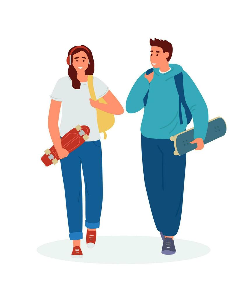 Adolescente Pareja chico y niña con mochilas caminando participación patineta y centavo tablero. plano vector ilustración. aislado en blanco.