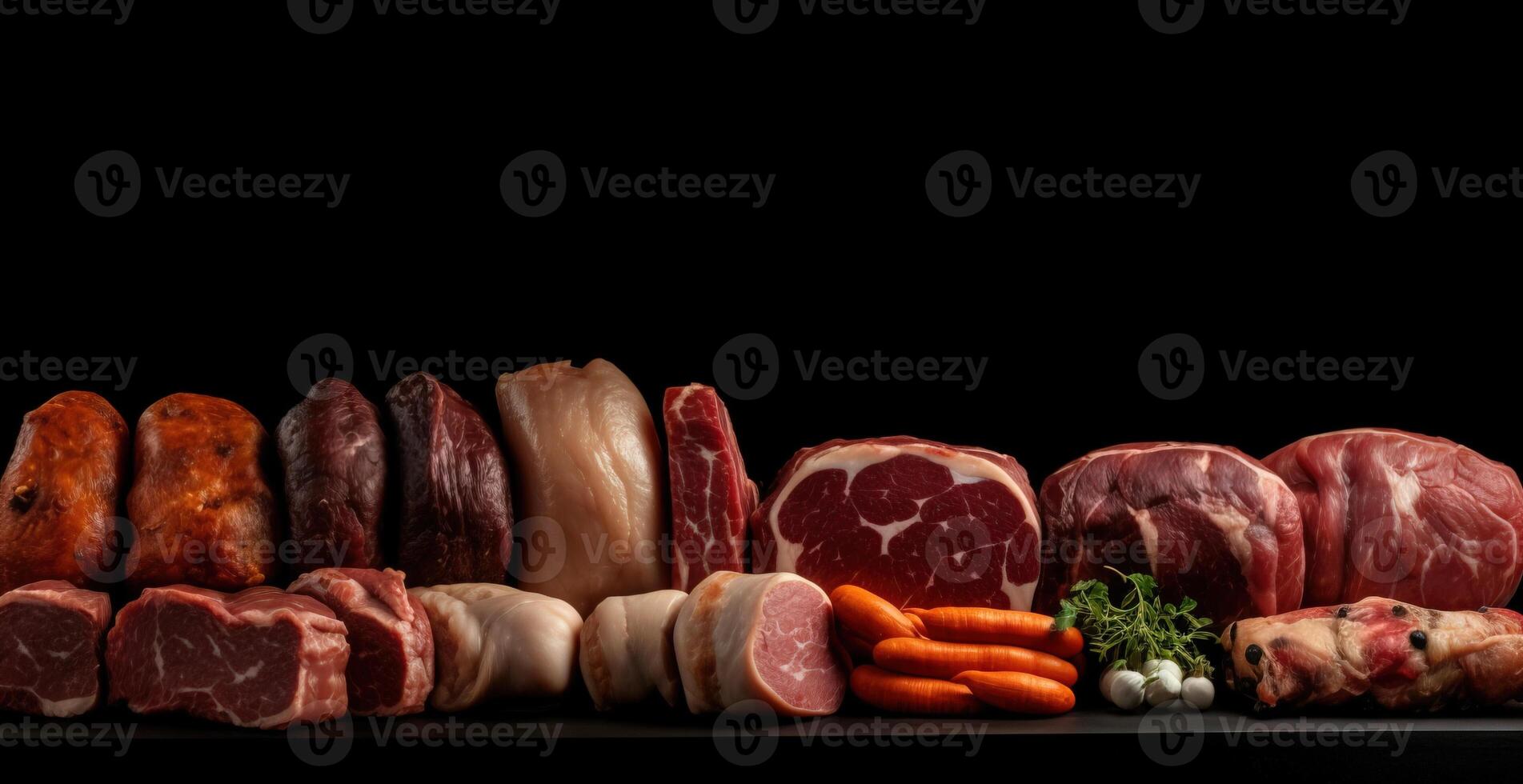 Set of different types of raw meat. Top view on the table. Black background. . photo