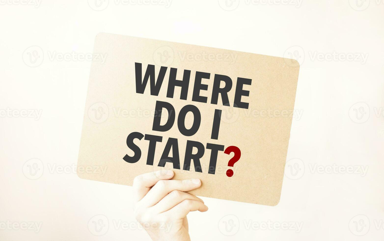 Closeup Business man hand holding show blank paper sheet mock up empty white board space for shouting text rule or protest word. Text WHERE DO I START photo