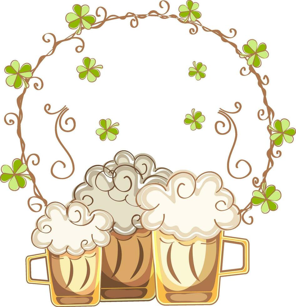 Illustration of beer mugs with shamrock leaves. vector