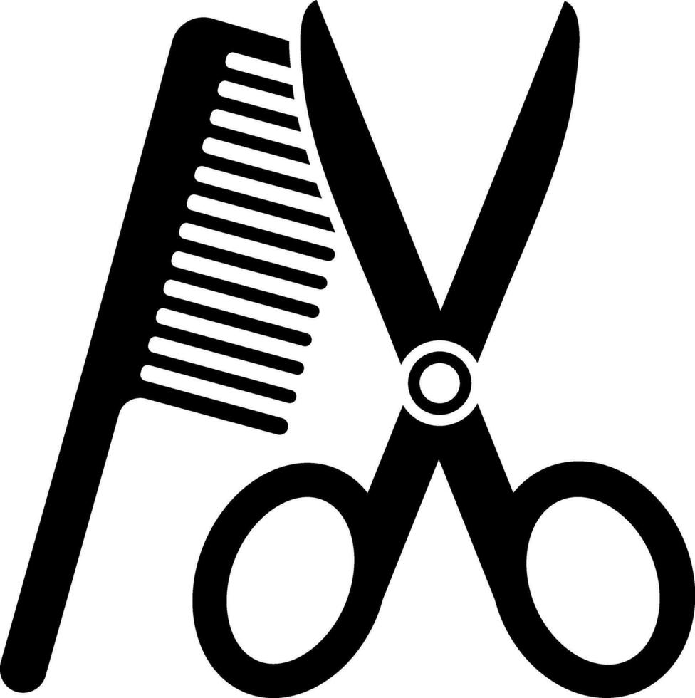 black and white icon of comb and scissor, hairdresser tool. vector