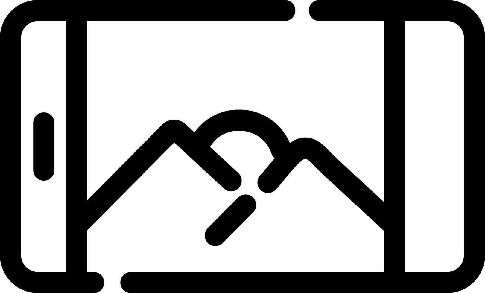 Mountain with sun in smartphone screen line art icon. vector