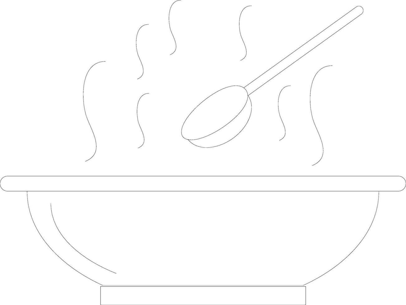 Black line art of hot bowl with spoon in flat style. vector