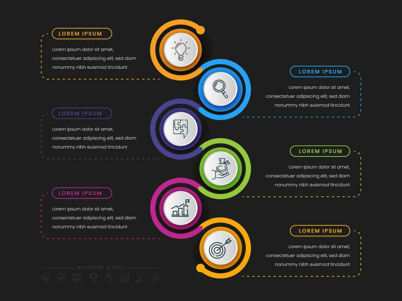 Business Infographic Timeline Template With 6 Circle Label Options And Icons. vector