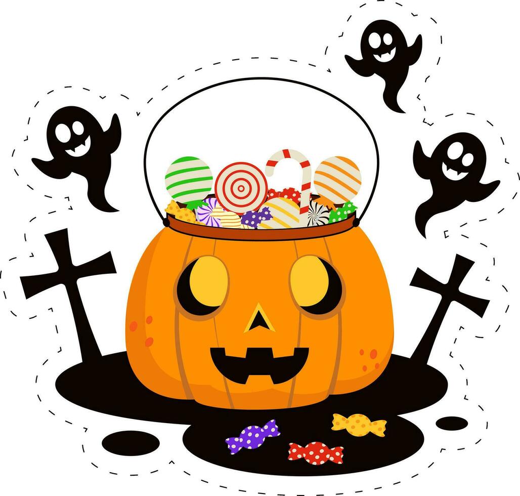 Sticker Style Cartoon Pumpkin Gift Bag With Ghost Fly Over Graveyard Light Purple For Happy Halloween Celebration Concept. vector