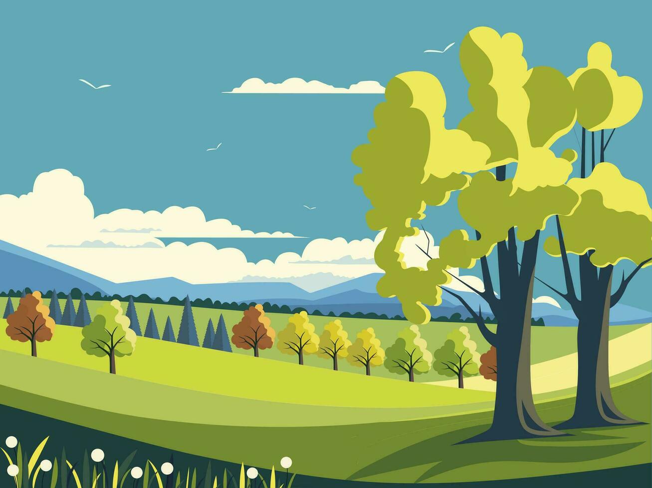 Nature Landscape Background With Mountains, Trees And Flying Birds. vector