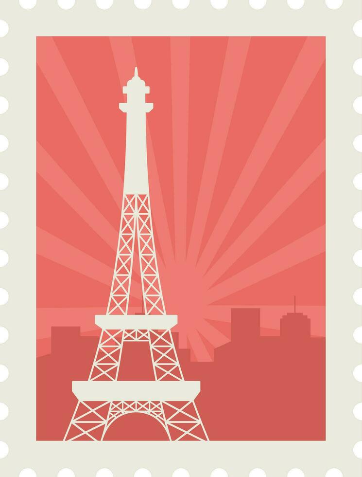 Grey Eiffel Tower Against Red Cityscape Building With Rays Background For Stamp, Sticker Or Ticket Design. vector