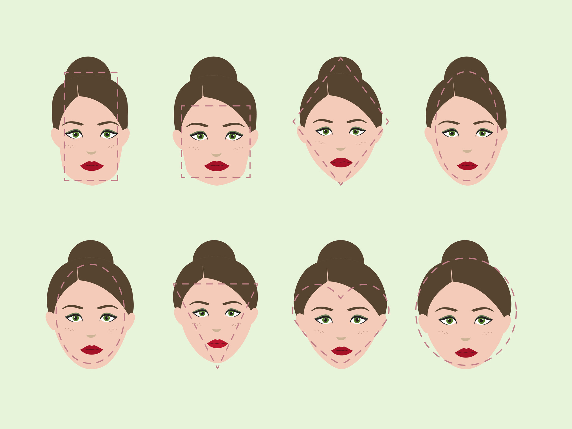 Various Type Face Shape Female Against Pristine Green Background various-type-face-shape-female-against-pristine-green-background