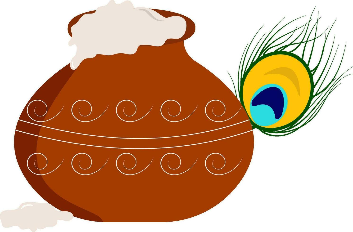 Isolated Butter Pot Makhan With Peacock Feather Over White Background. vector