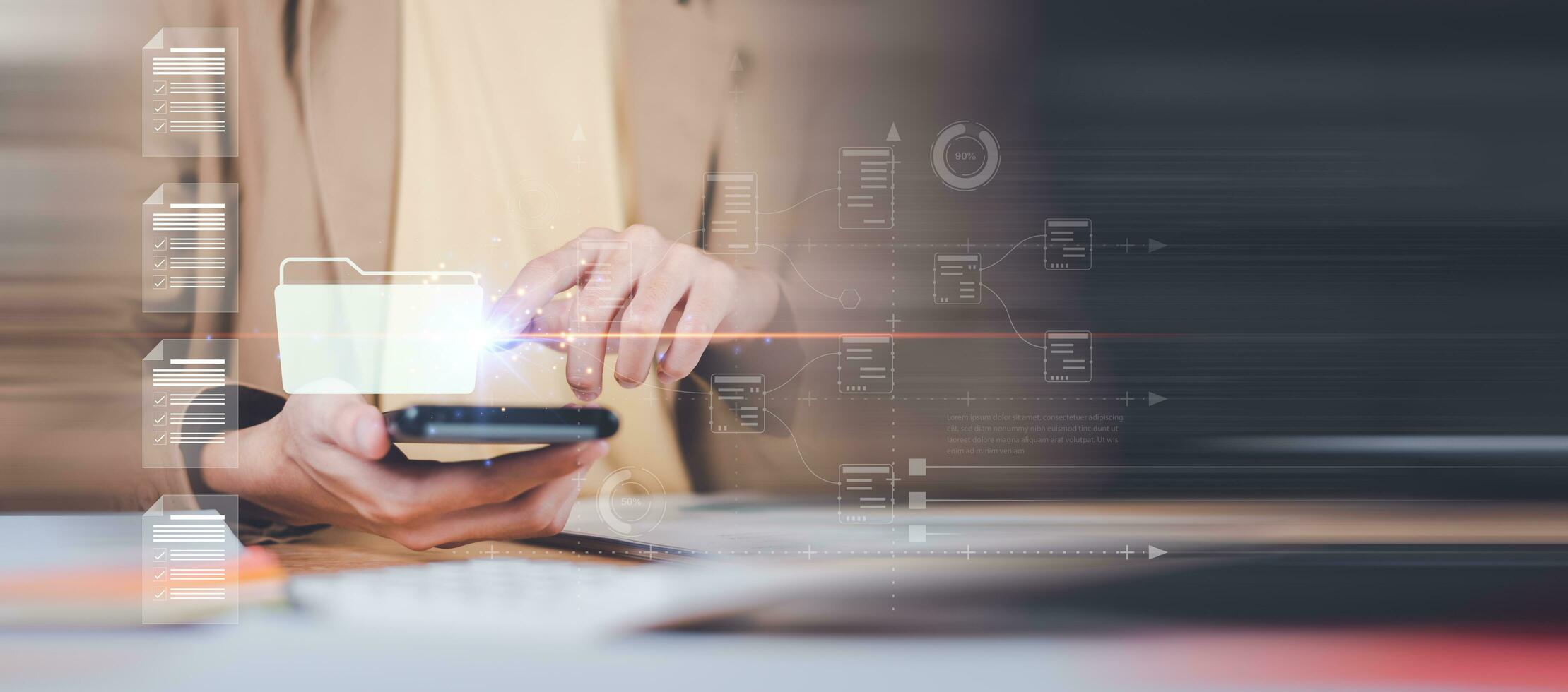 Auditor checking office documents ,Management of important document storage of organization ,ERP document system ,accountant Audit documents , quality assessment  With a checklist ,online database photo
