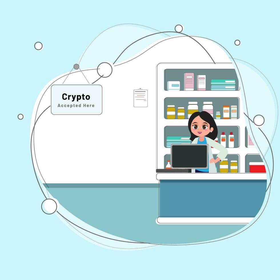 Character of woman in front counter with CRYPTO Accepted Here hanging board. vector