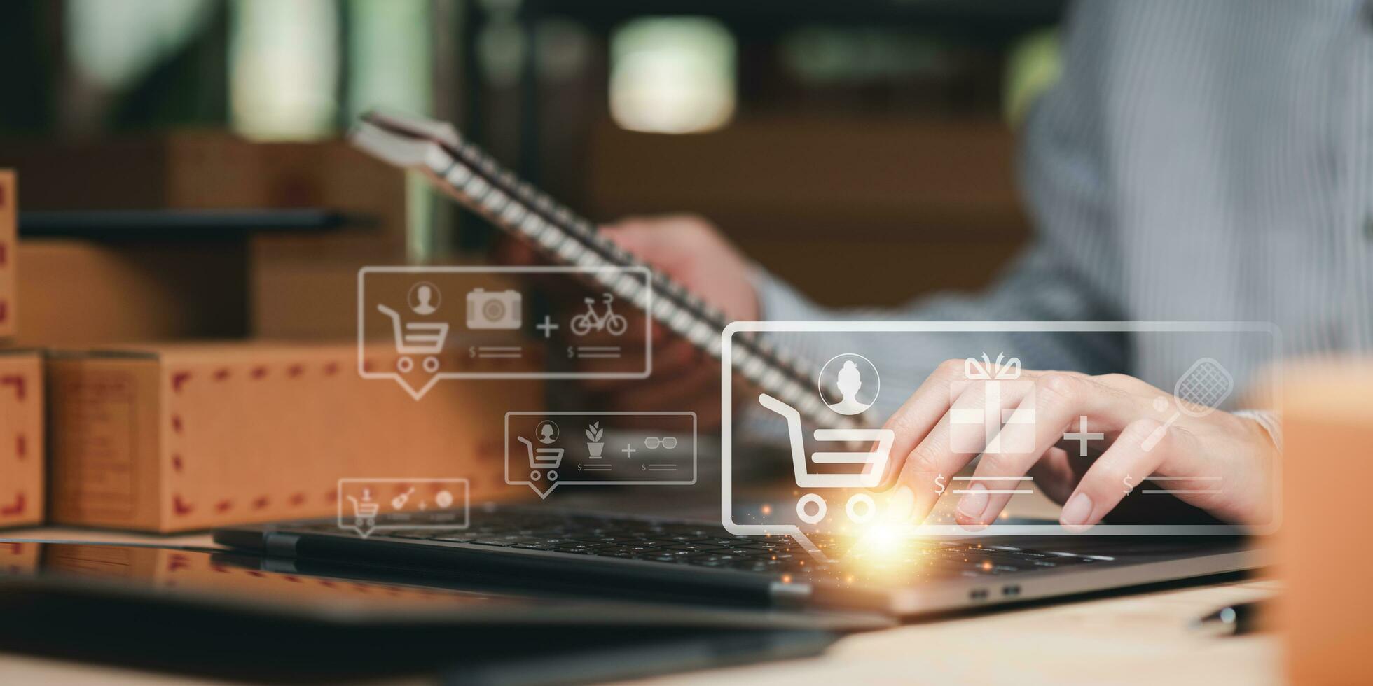 concept selling products online ,check business growth report ,order management in online stores , shopping on internet ,Selling online ,SME ,shipping boxes ,e-commerce ,small business entrepreneur photo