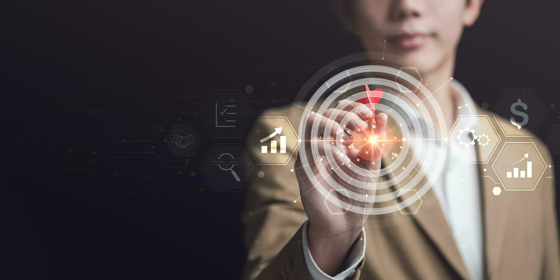 businessman showing business goal setting concept,Target Growth development planning ,Organizational growth and objectives ,marketing strategy planning ,improving business objectives ,Target customers photo