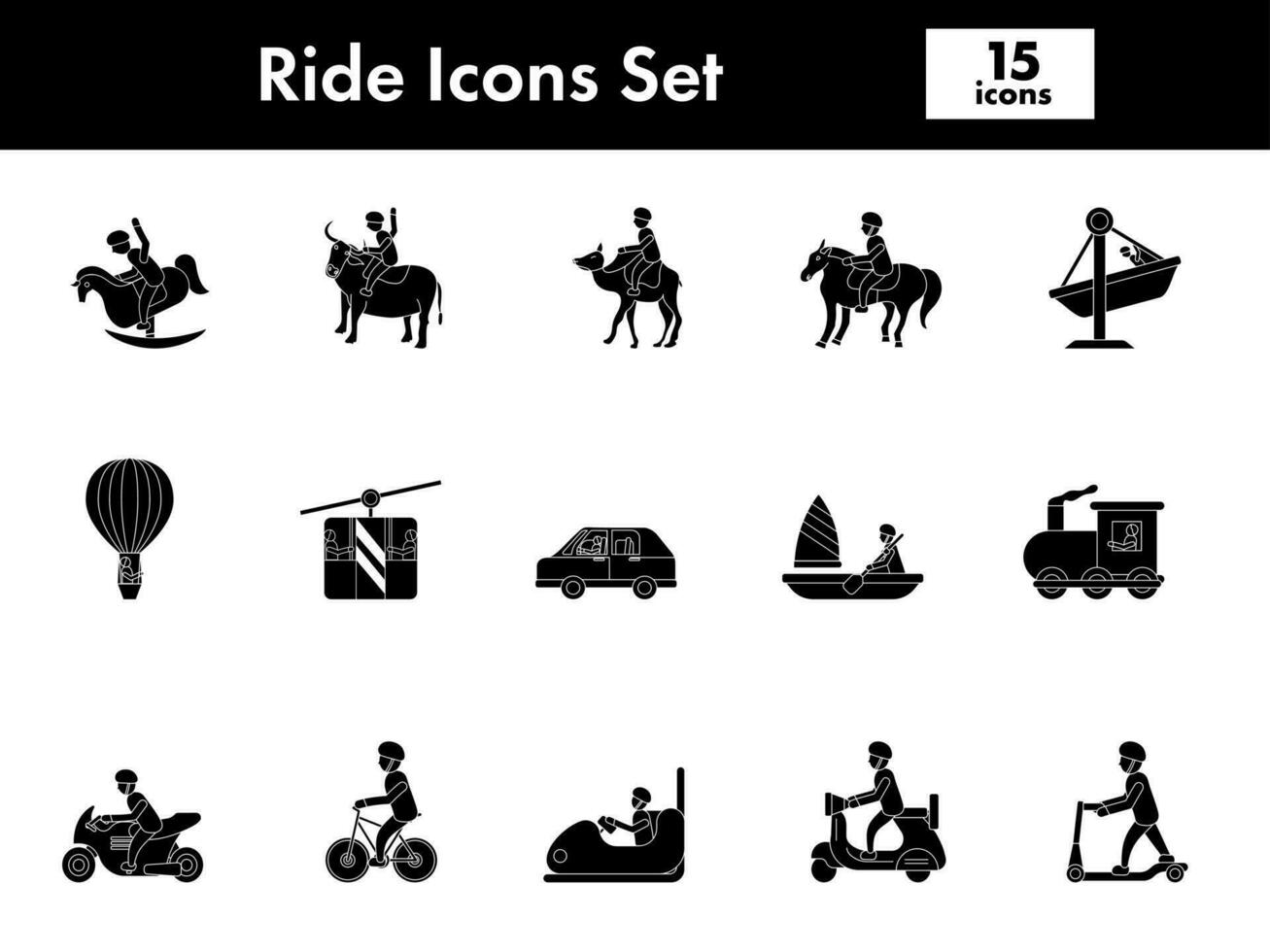 Glyph Style Ride Icon Or Symbol Set. vector