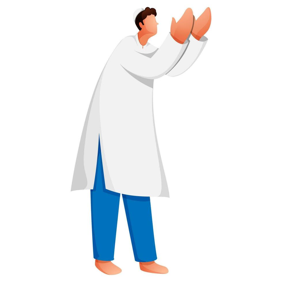 Cartoon Muslim Man Doing Prayer In Standing Pose. vector