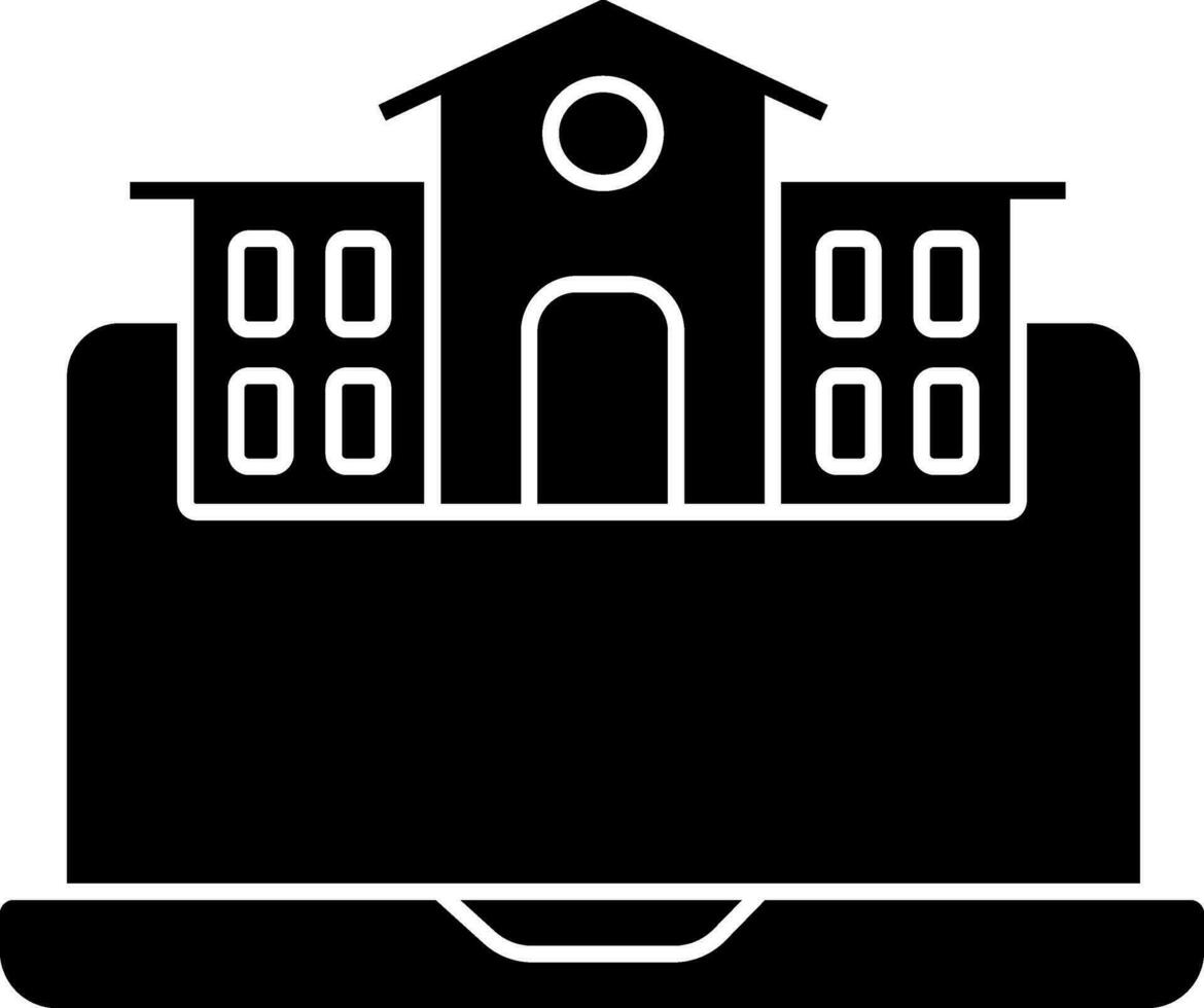 School Building With Laptop Icon In Black And White Color. vector