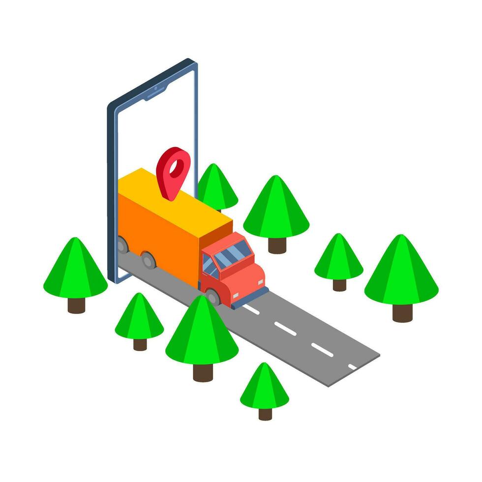 Delivery truck location searching in phone. vector