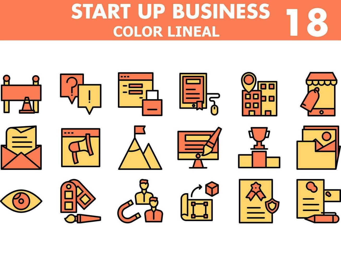 Startup Business Icons Set In Yellow And Orange Color. vector