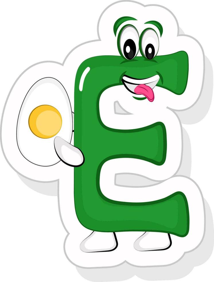 Funny Green E Alphabet Cartoon Character Holding Half Boiled Egg Icon In Sticker Style. vector