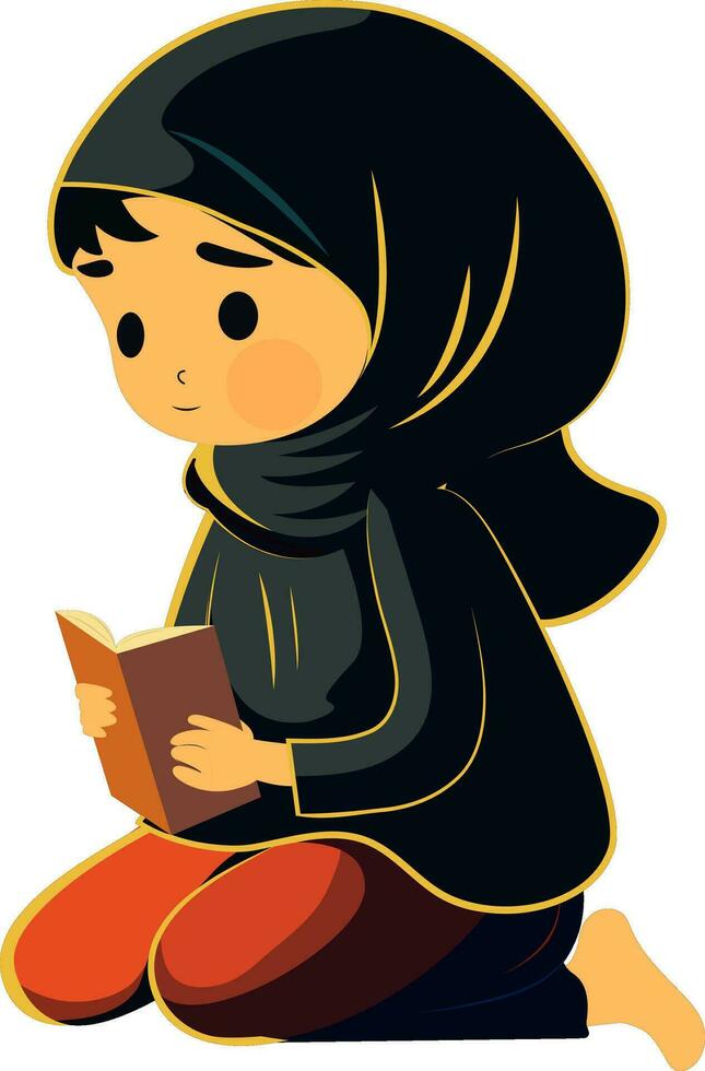 ilustración de joven musulmán mujer leyendo Corán libro en sentado pose. vector