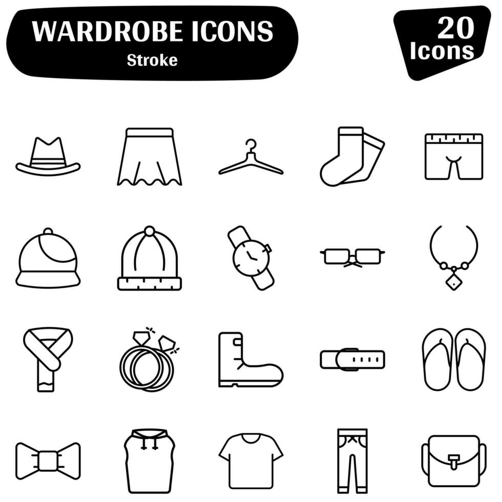 Flat Style 20 Wardrobe Icons In Black Thin Line Art. vector