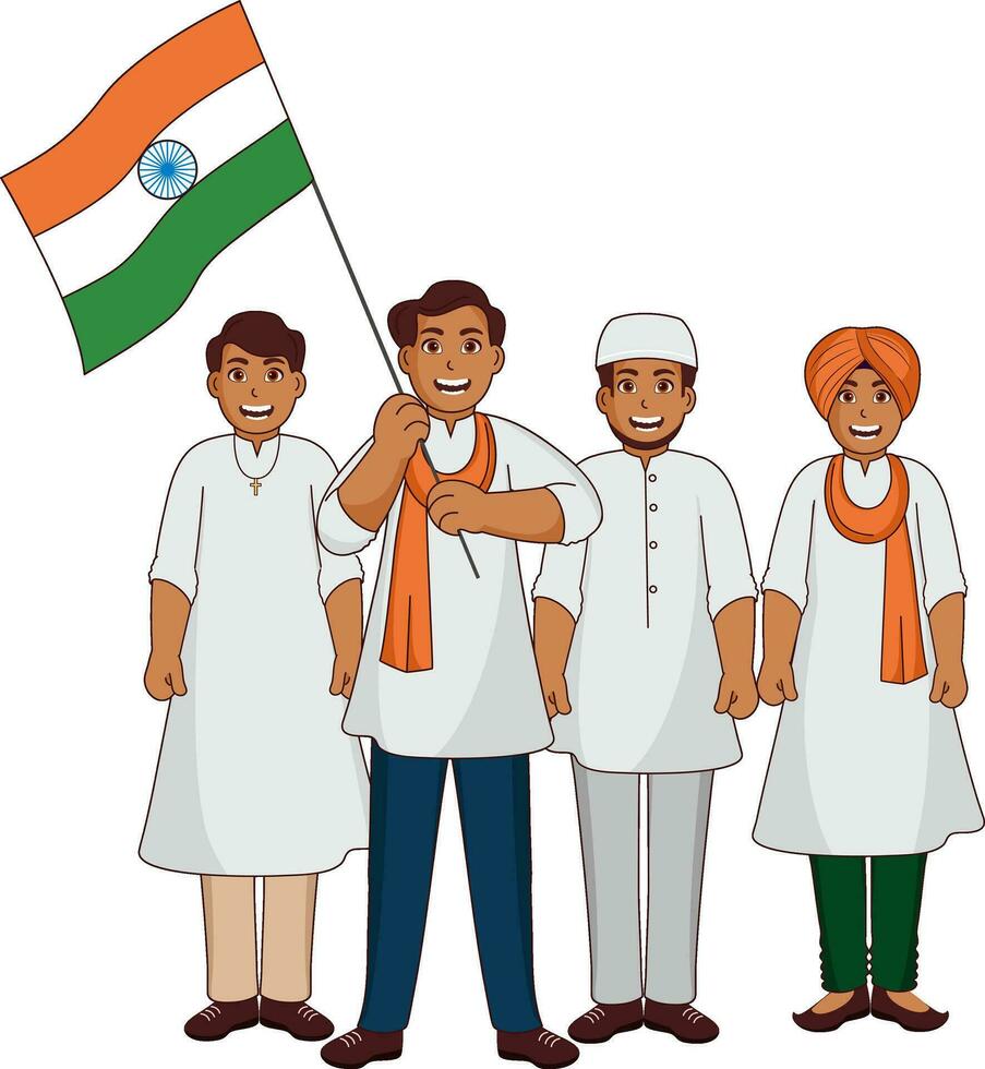 diferente religión hombres demostración unidad en diversidad de India con sostener nacional bandera. vector