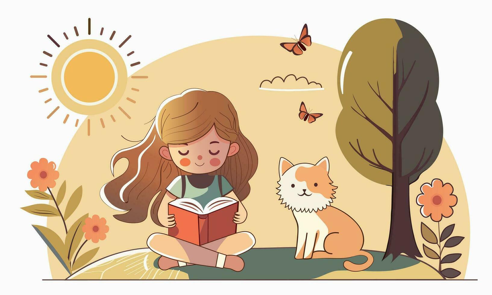 linda niña personaje leyendo libro con dibujos animados gato sesión, mariposas en Dom naturaleza antecedentes. vector