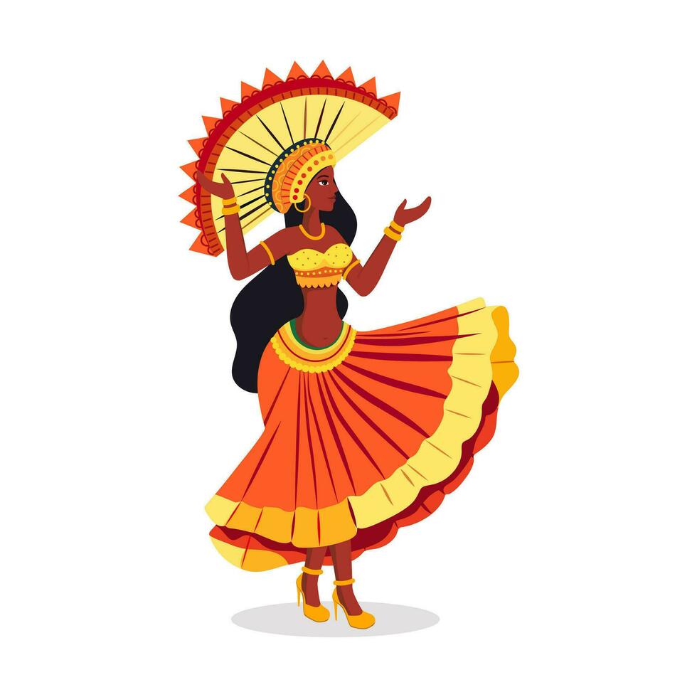 Beautiful Young Female Wearing Feather Headdress in Dancing Pose. Carnival or Samba Dance Concept. vector