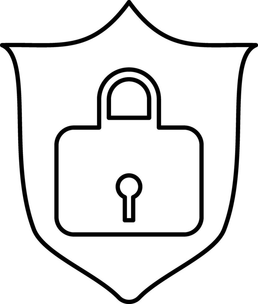 Shield With Lock For Safety Icon In Black Line Art. vector