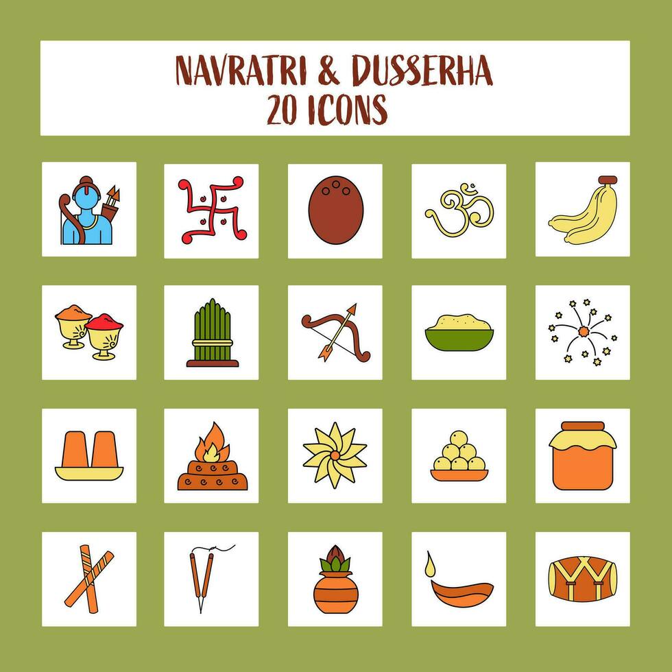 Illustration Of Navratri And Dussehra 20 Icon Set In Geen Background. vector