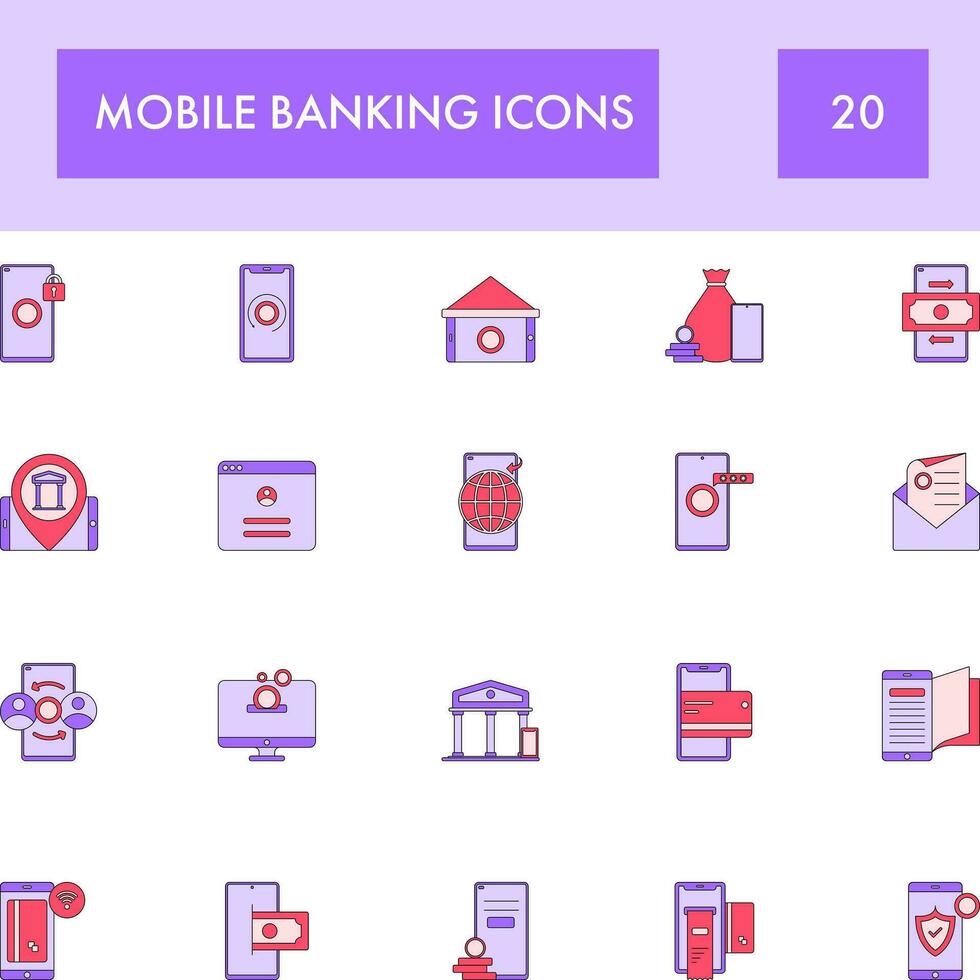 púrpura y rosado color conjunto de móvil bancario icono en plano estilo. vector