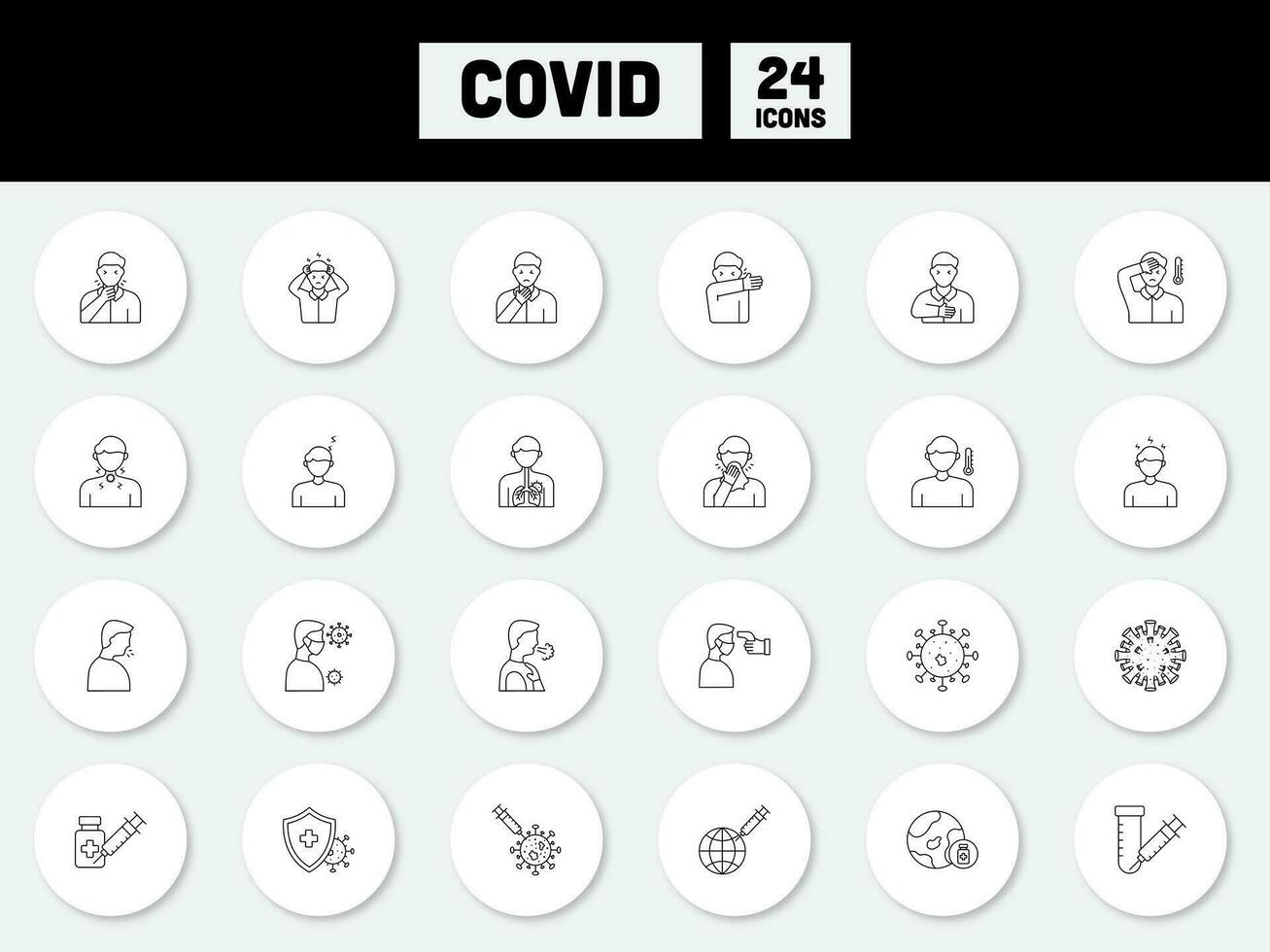 Black Linear Style Covid Symptoms And Prevention Circle Icon Set. vector