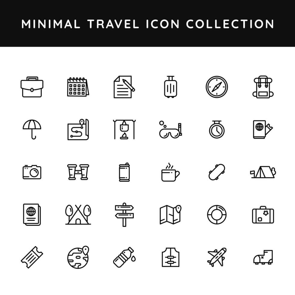 conjunto de viaje icono en negro línea Arte. vector